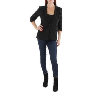 NY Collection Women Crepe Ruched Blazer Jacket One Button 3/4 Sleeve Black Large